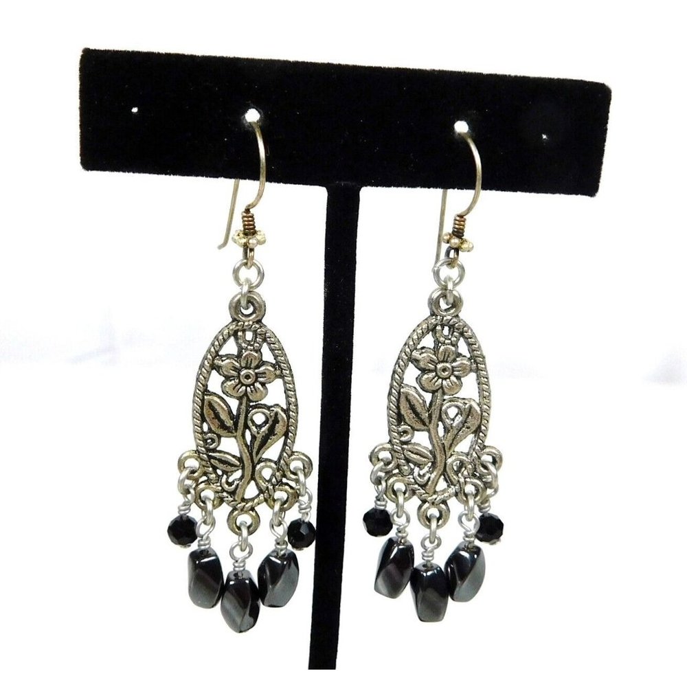 Dangle Chandelier Framed Flower Black Beaded Pierced Earrings Ear Wire